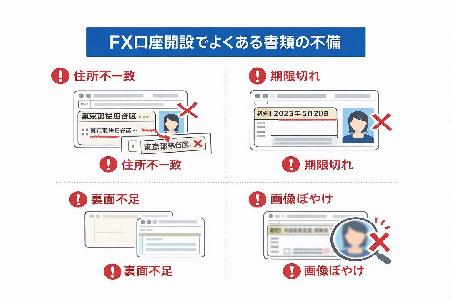 FX口座開設でよくある書類不備のチェック図